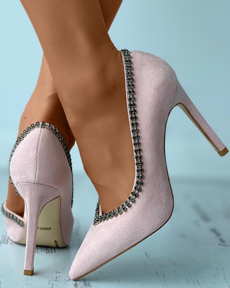 

Studded Pointed Toe Suede Stiletto Heels, Pink