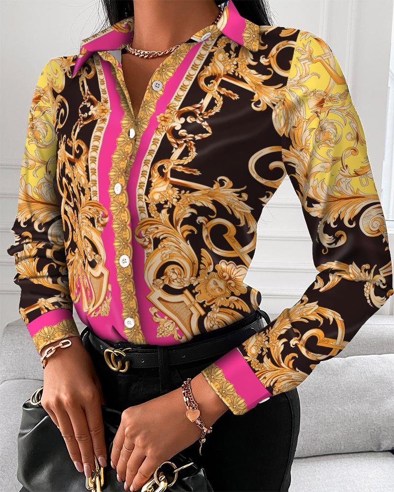 

All Over Print Button Up Long Sleeve Blouse, Black