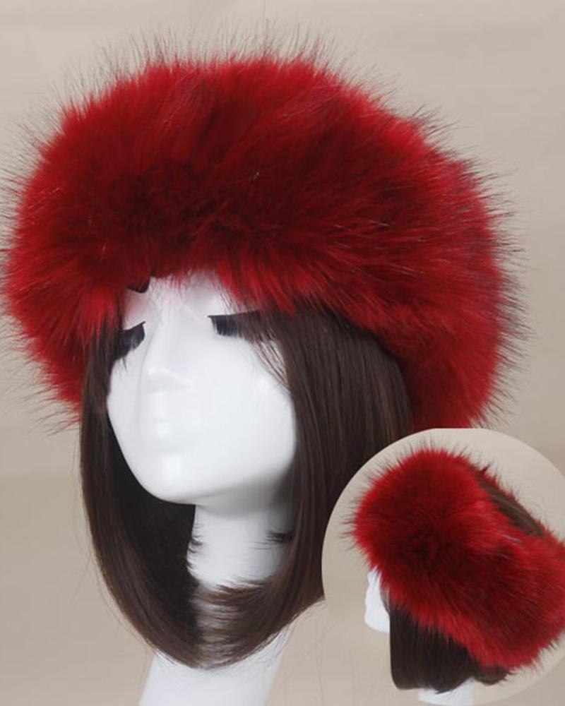 

Fluffy Fake Faux Fur Headband Winter Earmuff Warm Winter Hat Ski Skull Cap, Wine red