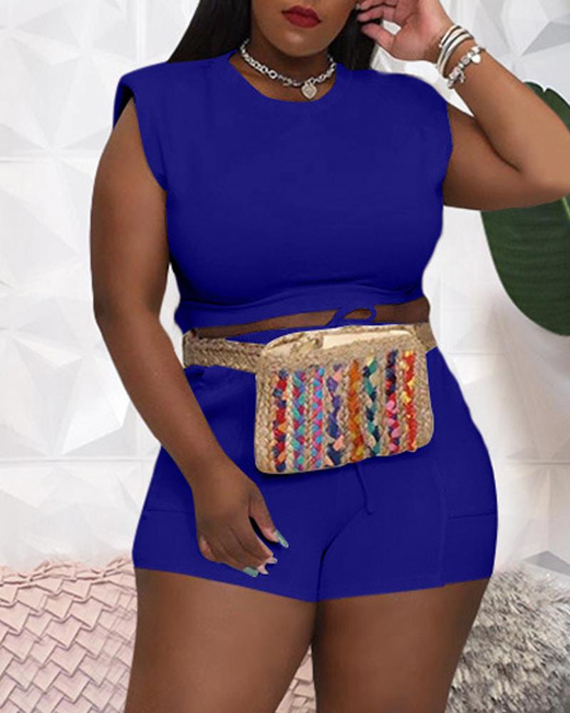

Plus Size Shoulder Pad Crop Tank Top & Shorts Set, Blue