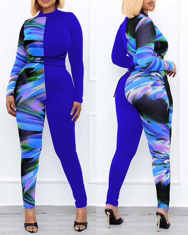 

Plus Size Abstract Print Tied Detail Long Sleeve Jumpsuit, Blue
