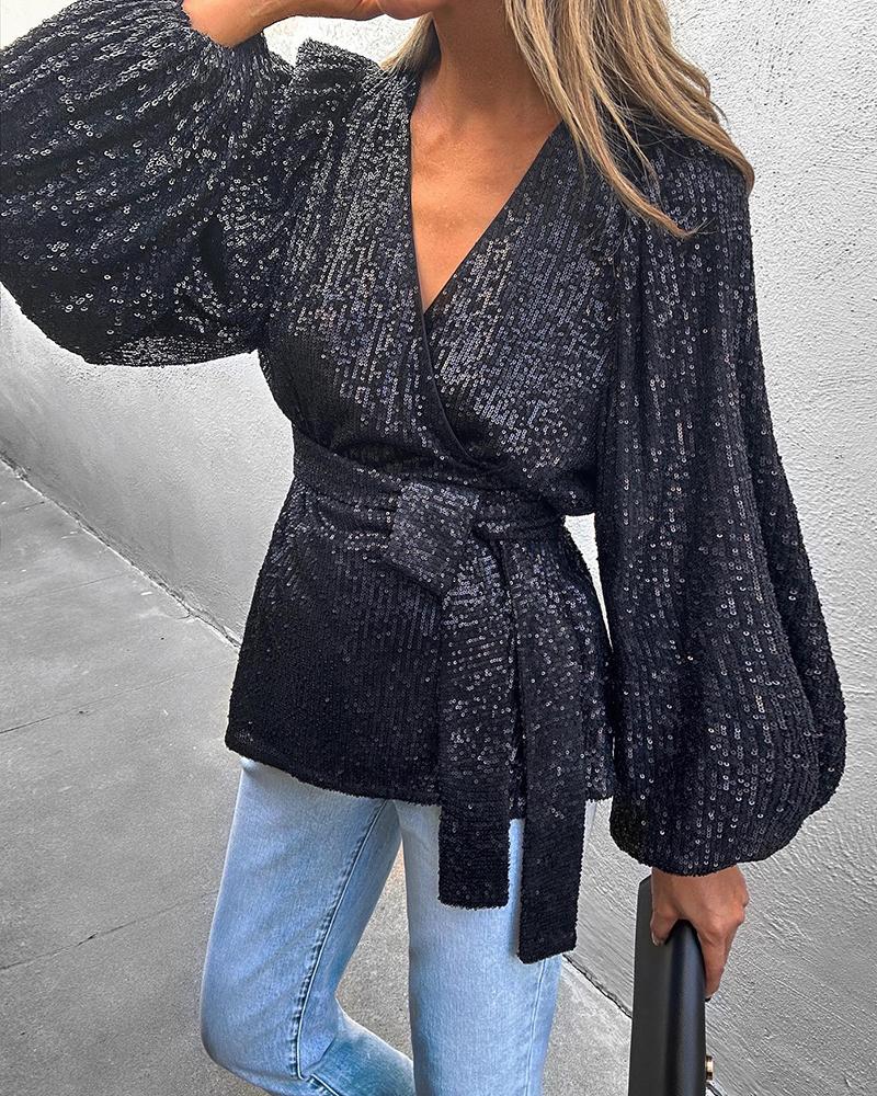 

Lantern Sleeve Tied Detail Sequin Blouse, Black