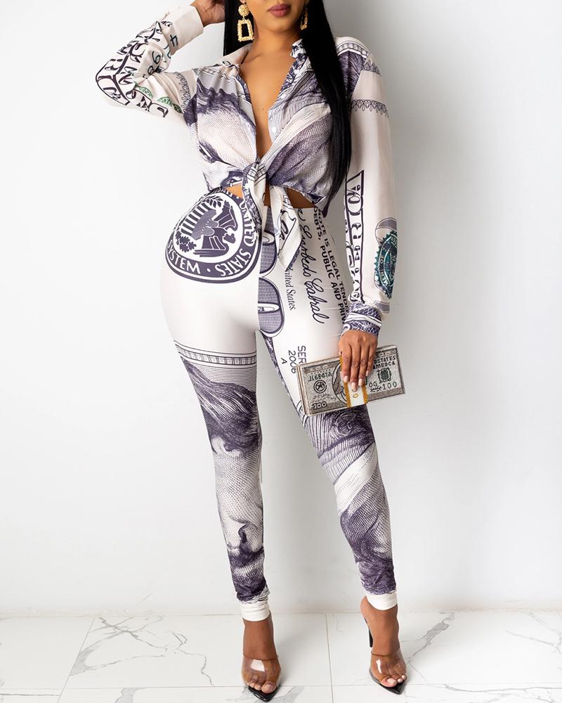 

Dollar Print Tie Front Top & Pants Set, White