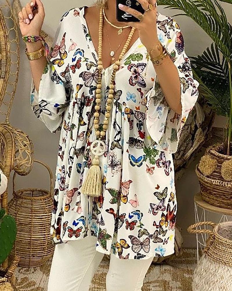 

Butterfly Print Long Sleeve Casual Top, White