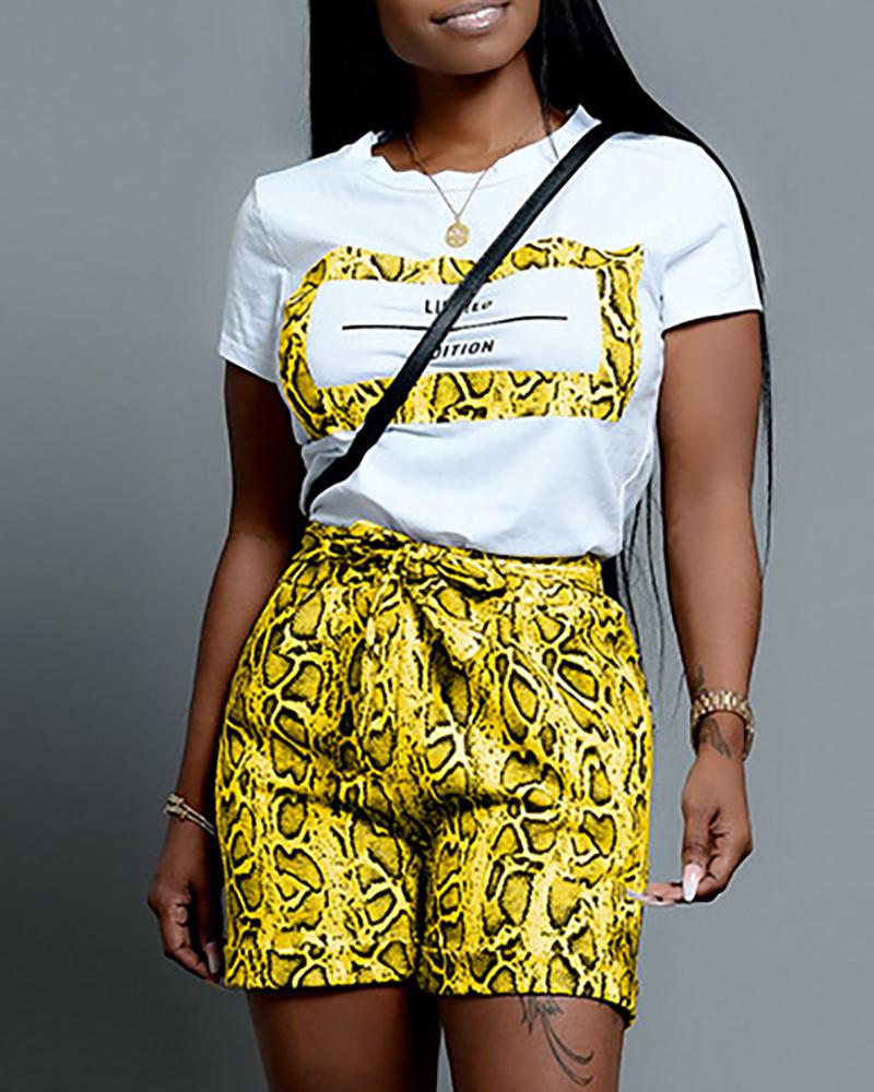 

Letter Short Sleeve Tee With Snakeskin Shorts Sets, Yellow