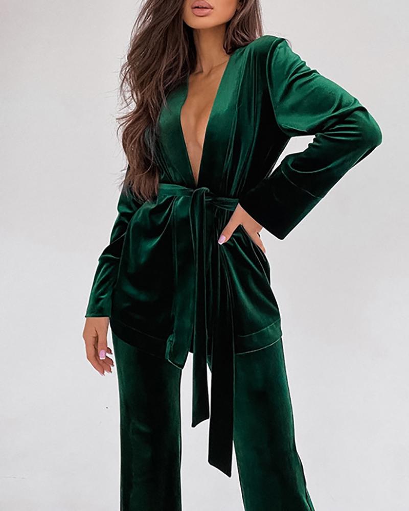 

Velvet Long Sleeve High Waist Pajamas Set With Belt, Green