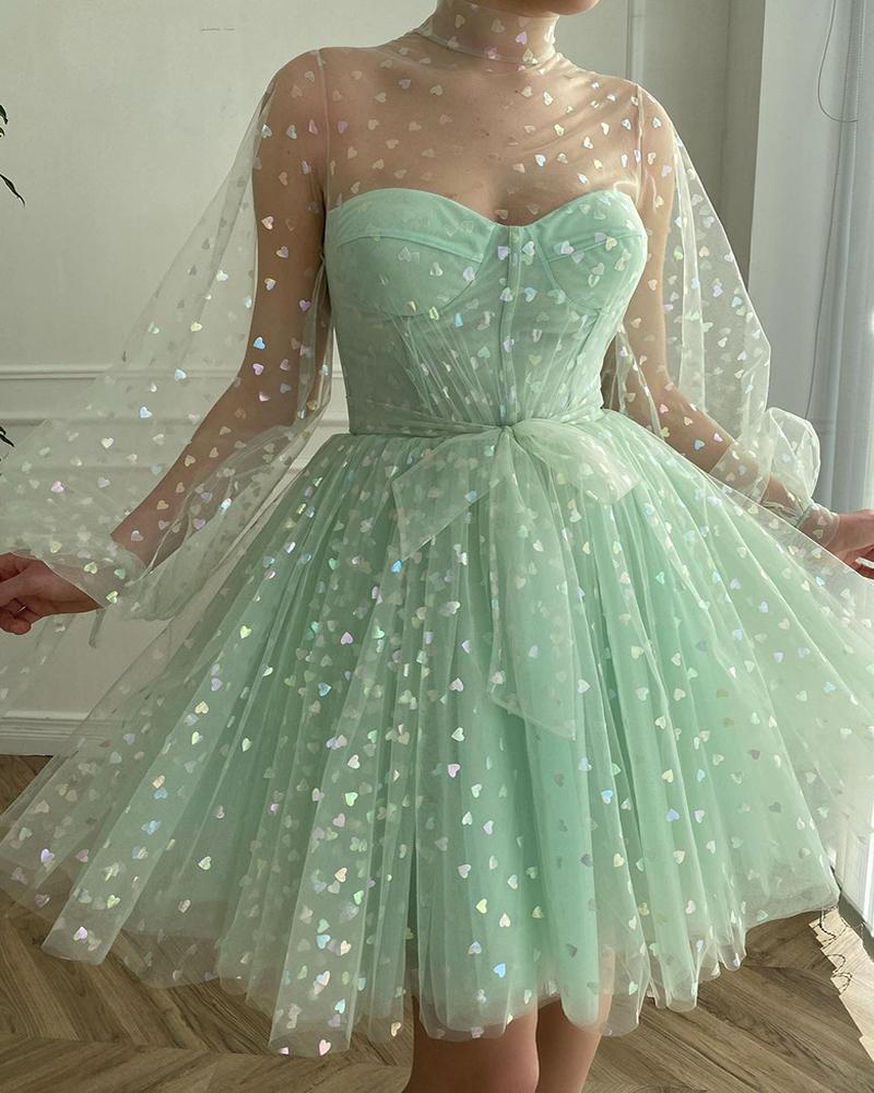 

Heart Pattern Lantern Sleeve Mesh Prom Dress, Green