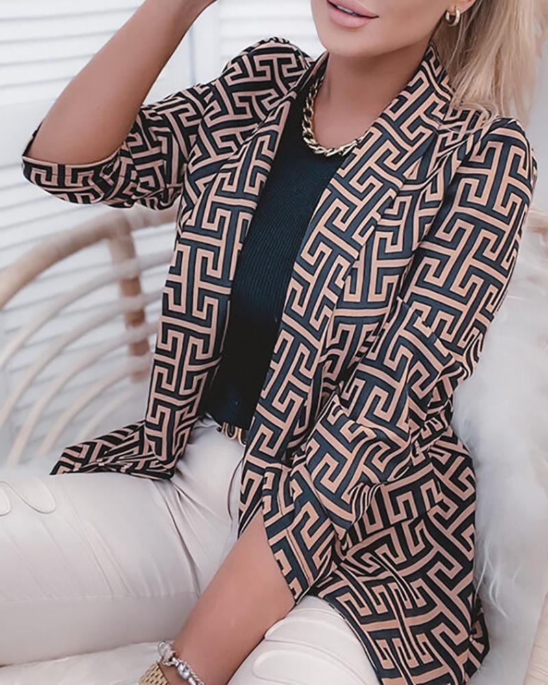 

Long Sleeve Geo Pattern Print Blazer Coat, Brown