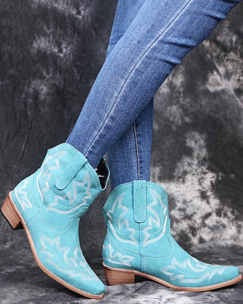 

Embroidery Point Toe Chunky Cowboy Boots, Blue