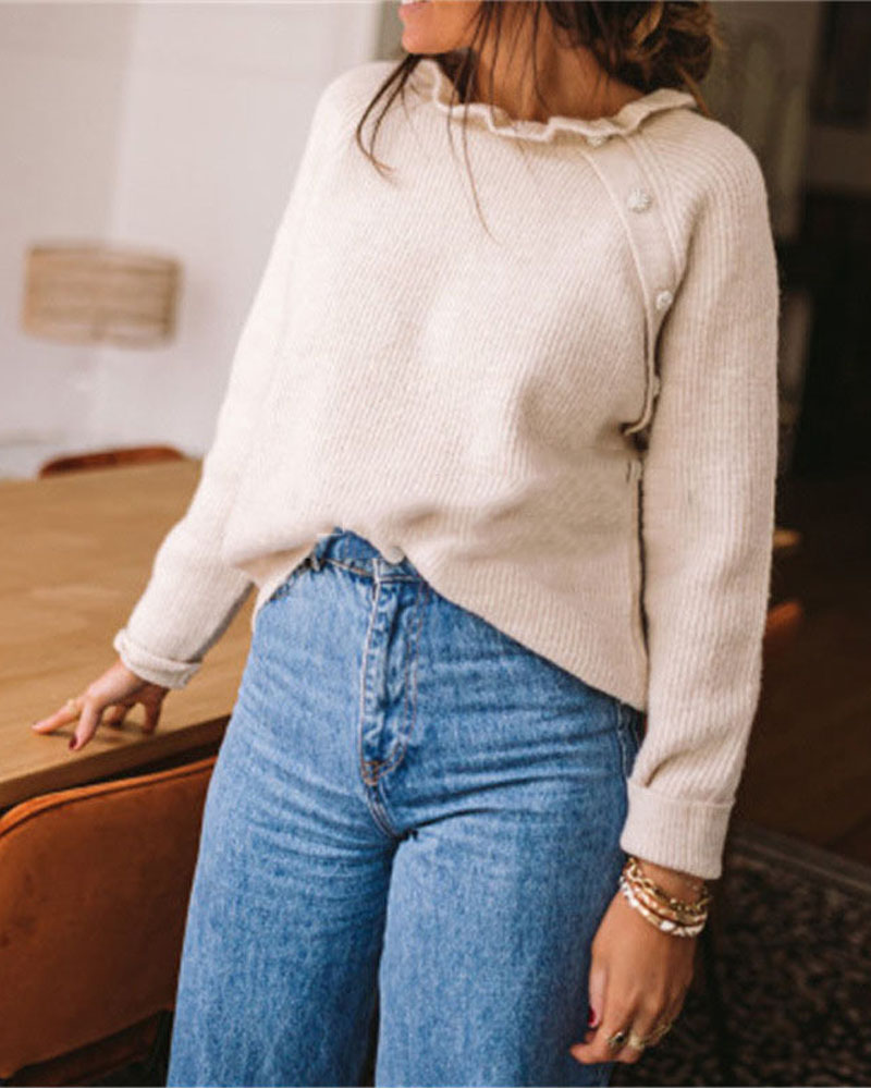 

Long Sleeve Button Decor Ruffle Collar Sweater, Apricot