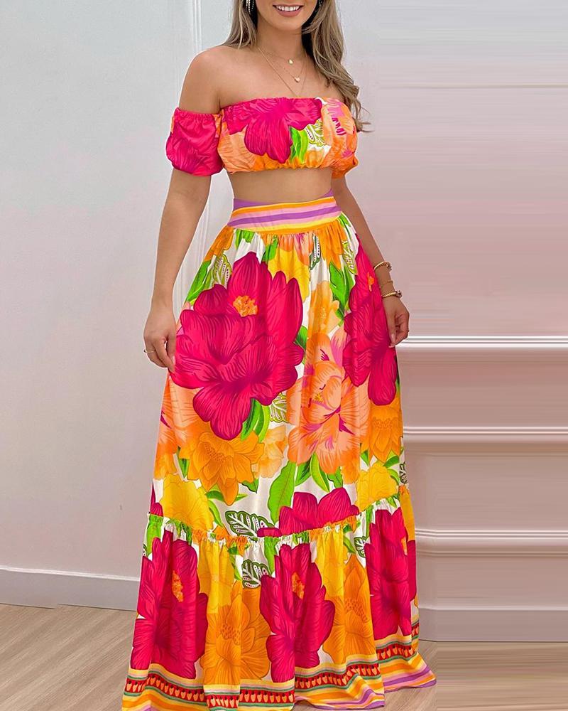

Floral Print Off Shoulder Lantern Sleeve Top & Skirt Set, Multicolor