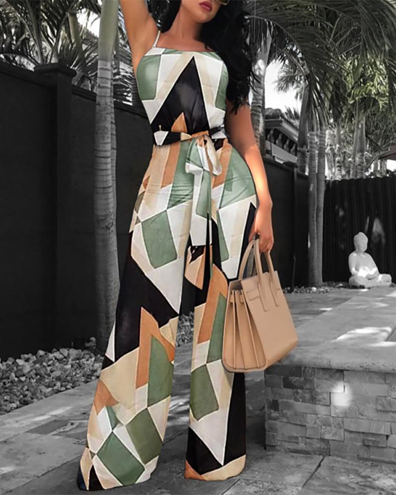 

Abstract Print Colorblock Sleeveless Tie Front Jumpsuit, Green