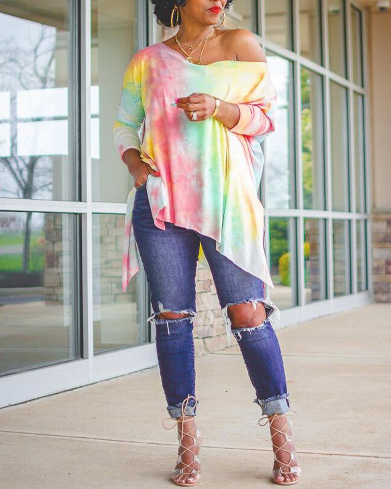 

Tie Dye Split Hem Long Sleeve Asymmetrical Top, Multicolor