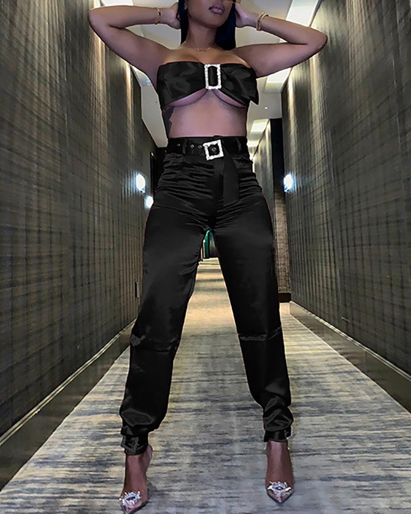 

Spaghetti Strap Buckled Crop Top & High Waist Pants Set, Black