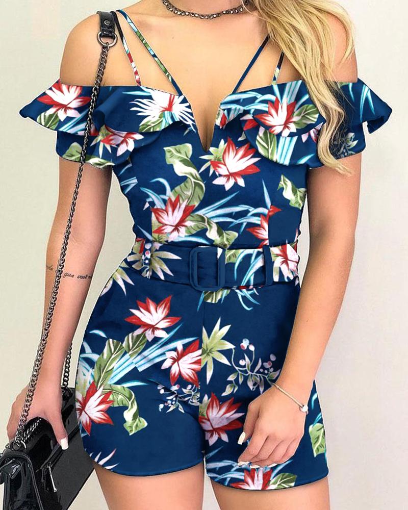 

Tropical Print Ruffle Hem Cold Shoulder Belted Romper, Blue