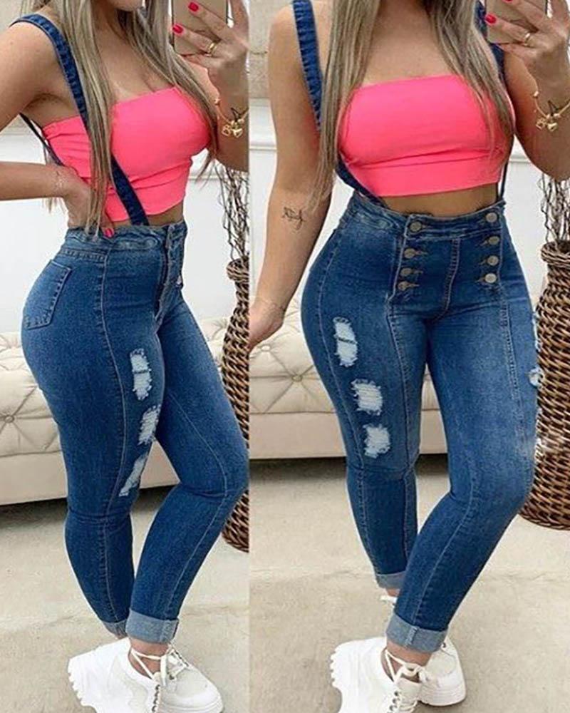 

Ripped Button Design Denim Suspender Pants, Blue