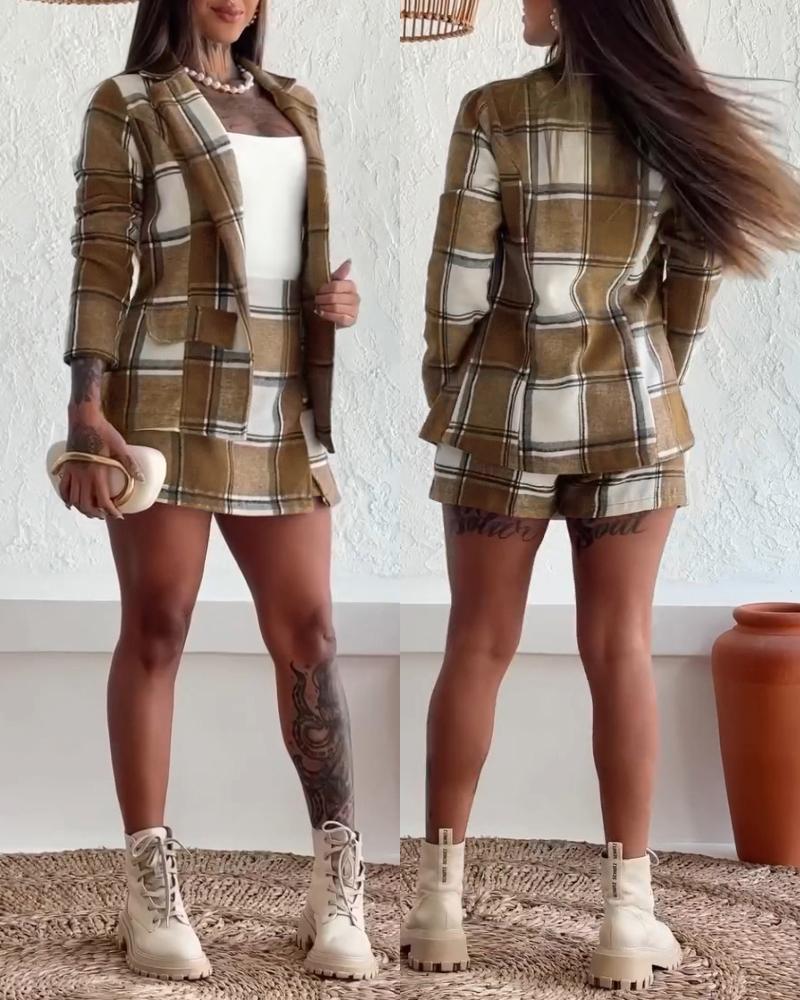 

Conjunto de 2 piezas con estampado de cuadros, cuello con muescas, detalle de solapa, blazer ajustado, abrigo y falda pantalón de corte A con abertura frontal y cintura alta, Coffee