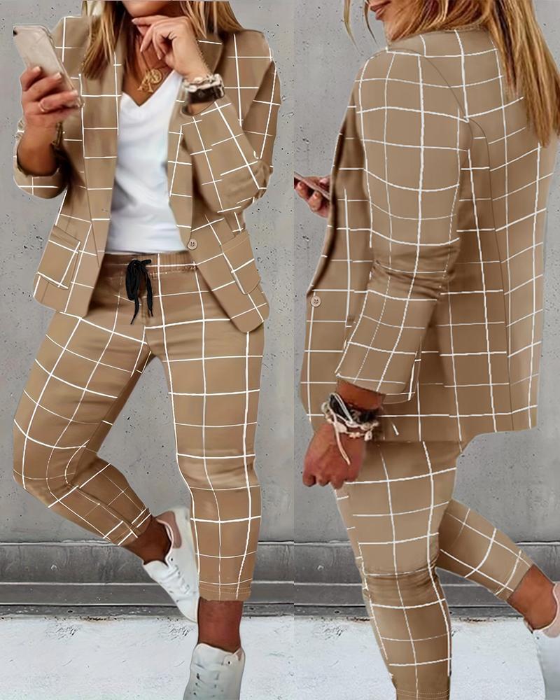 

Plaid Print Shawl Collar Blzaer Coat & Pants Set, Khaki