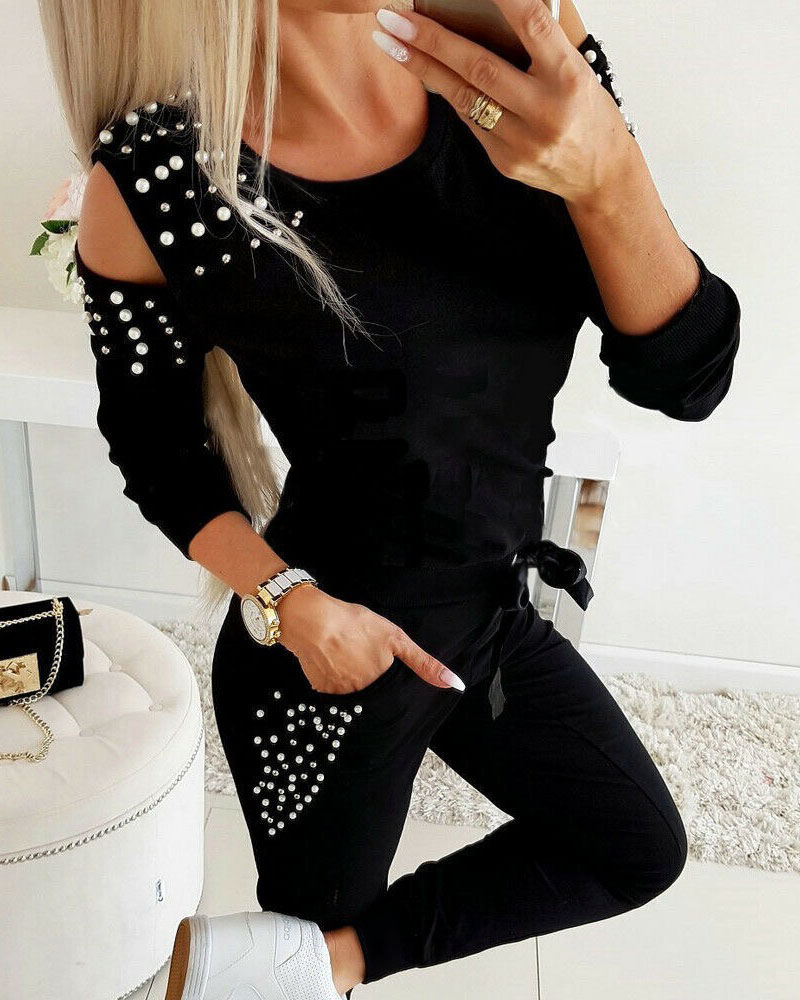 

Casual Two Piece Sets Pearls Decor Cold Shoulder Top & Pants Set, Black