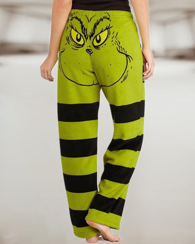 

Christmas Grinches Print Striped High Waist Pants, Green