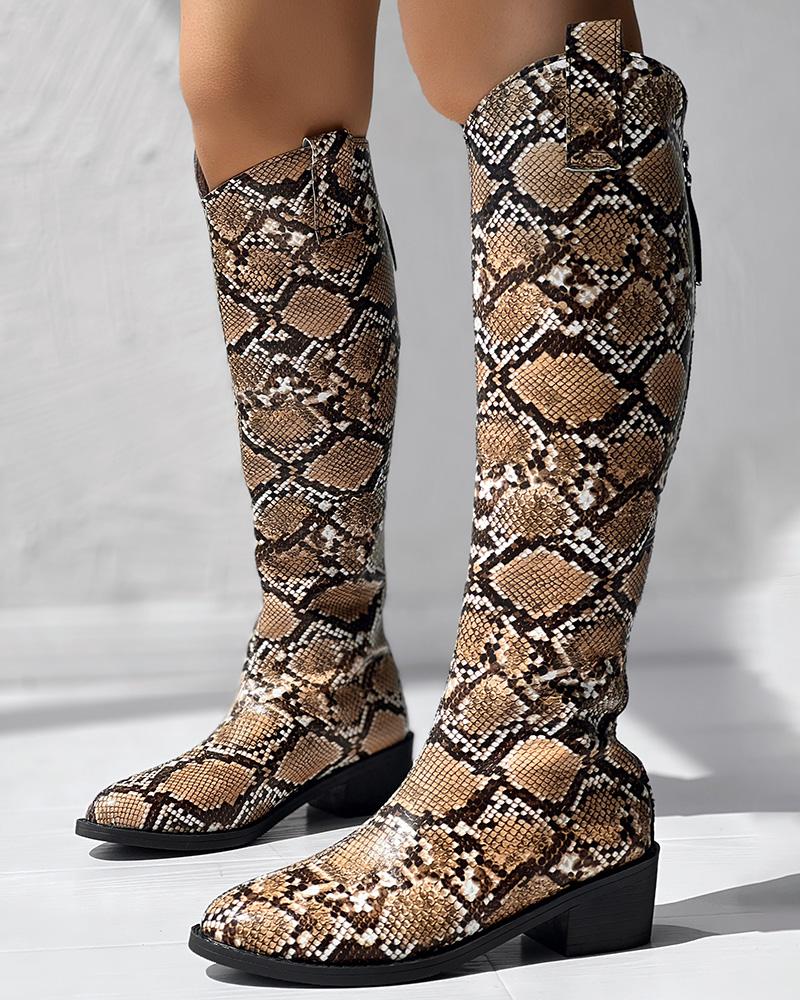 

Snakeskin Print Chunk Heel Knee-High Boots, Brown