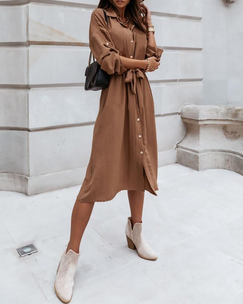 

Long Sleeve Button Design Tied Detail Shirt Dress, Khaki