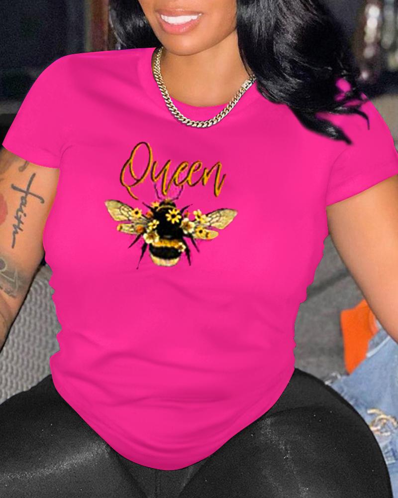

Letter Bee Print Casual T-shirt, Hot pink