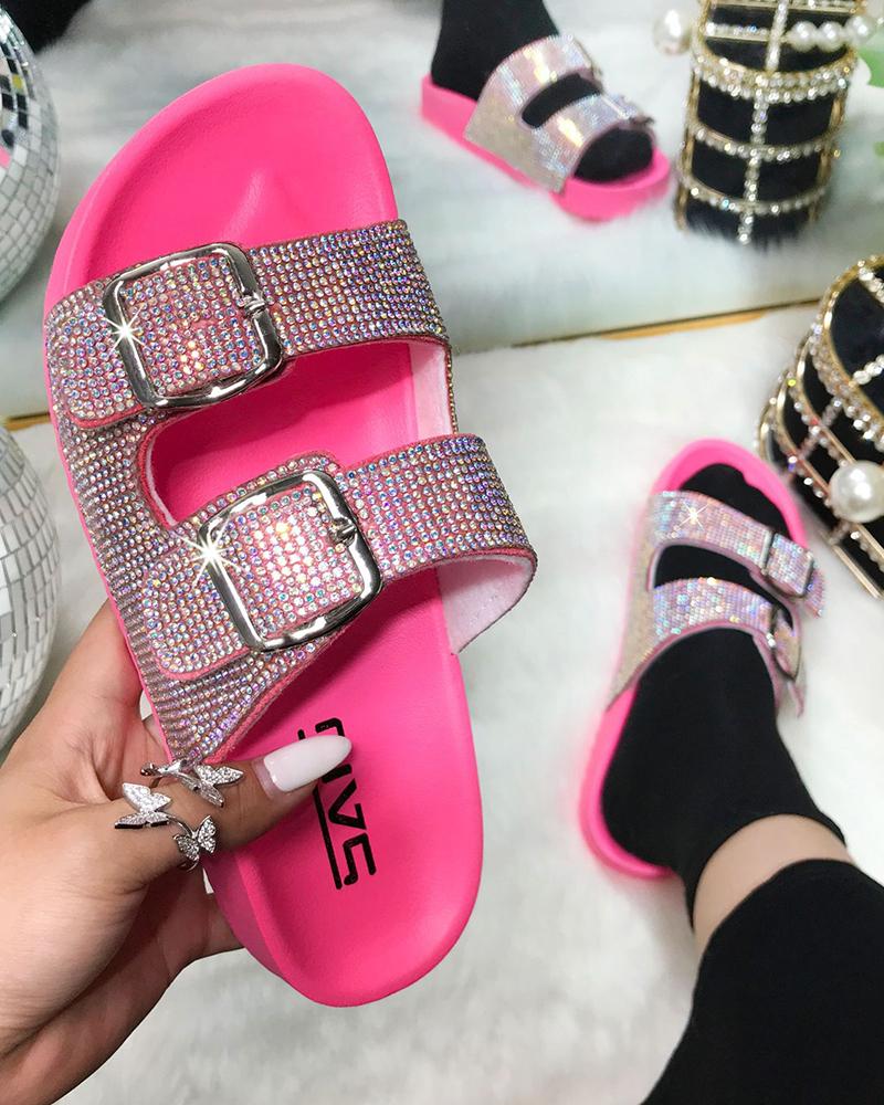 

Studded Twin Buckle Band Footbed Slide Sandals, Pink