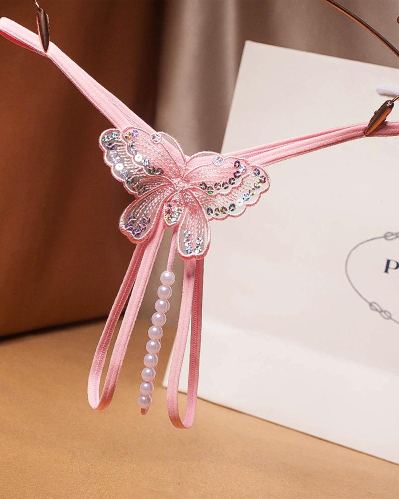 

Sexy Butterfy Embroidery Splicing Pearl Thong Panties, Pink