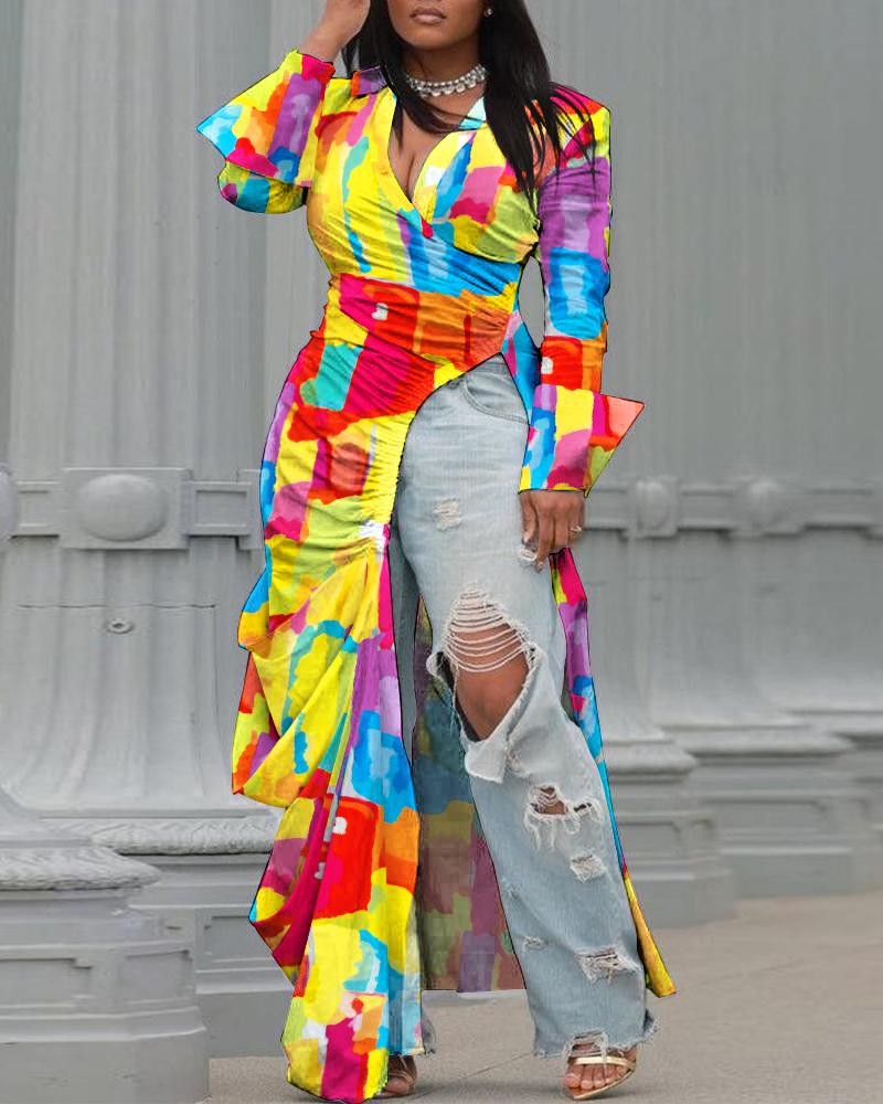 

Plus Size Tie Dye Print Ruched High Slit Longline Top, Multicolor