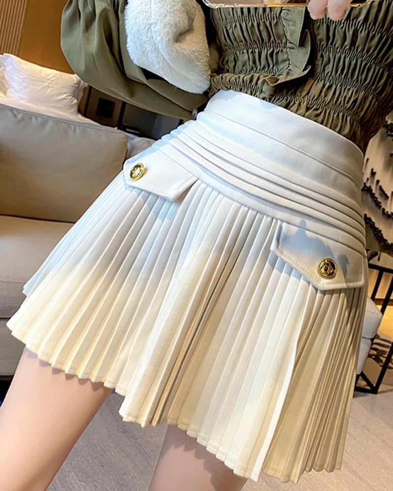 

Buttoned Pleated High Waist Skirt, White