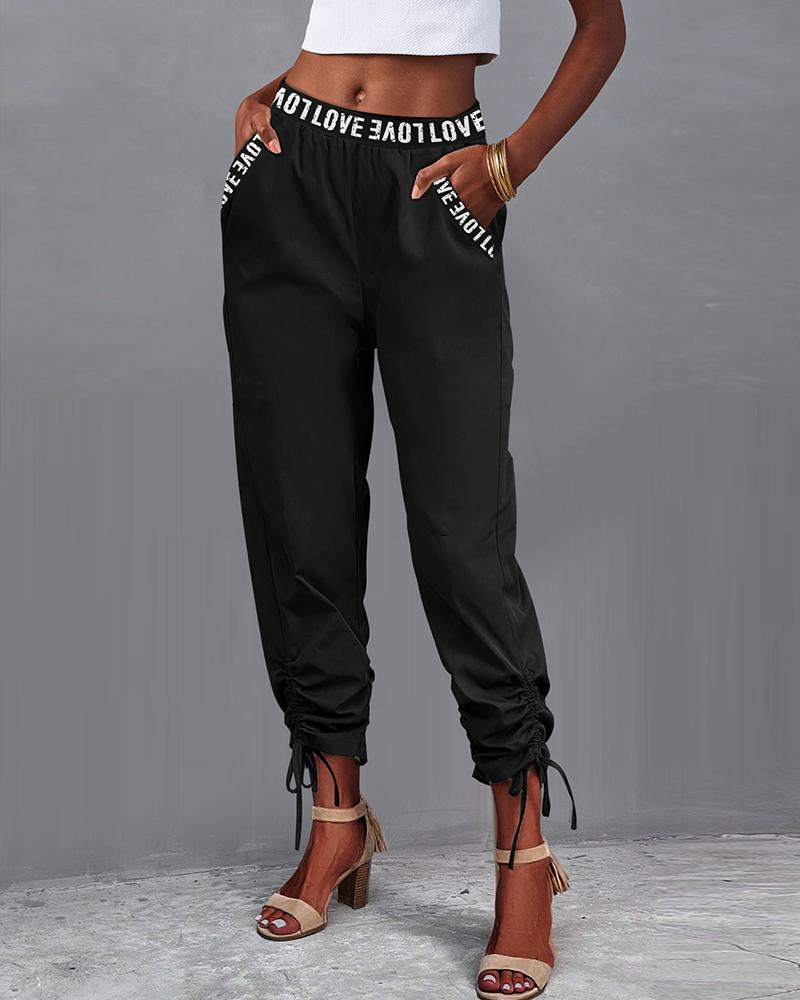 

Love Tape Patch Pocket Design Drawstring Pants, Black