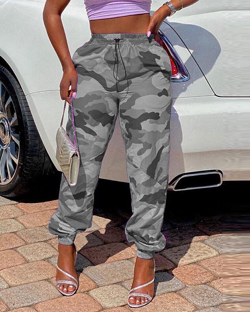 

Drawstring Camouflage Print Pocket Design Pants, Gray