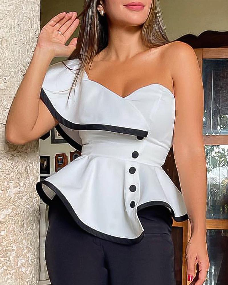 

Contrast Binding Ruffle Hem One Shoulder Top, White