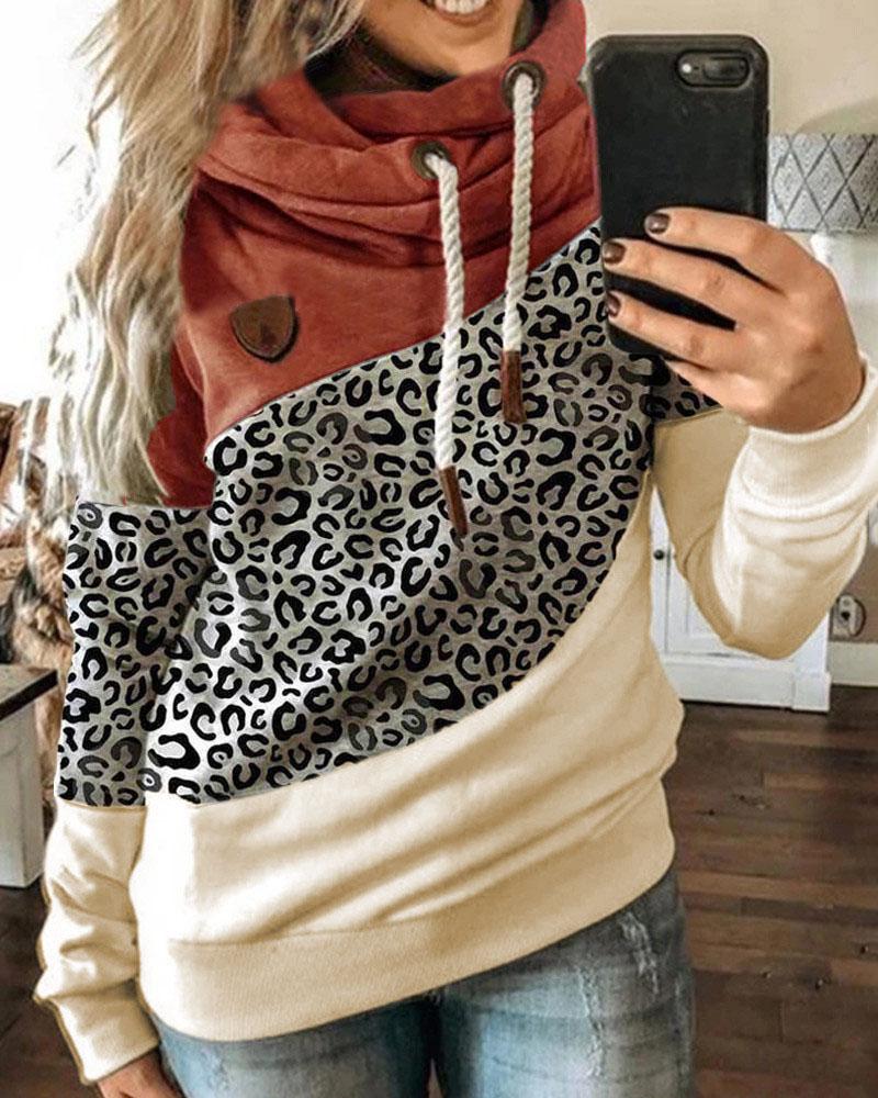 

Leopard Print Colorblock Lantern Sleeve Hooded Top, Orange