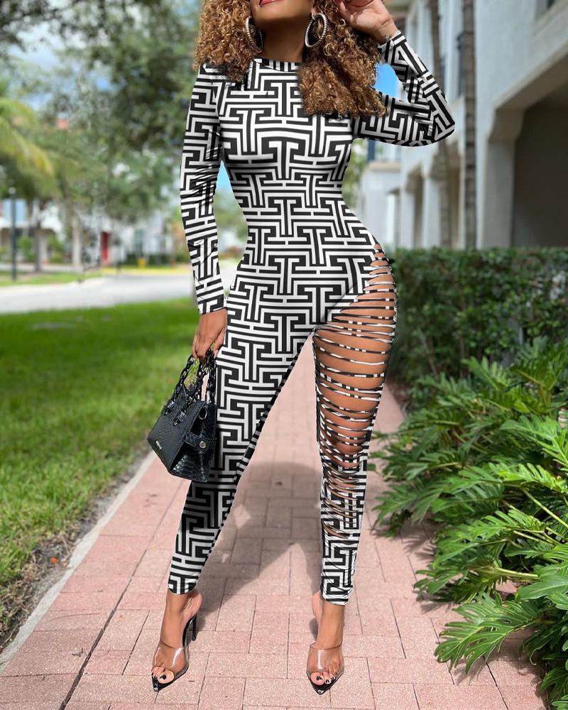 

Geometric Print Long Sleeve Cutout Jumpsuit, Black