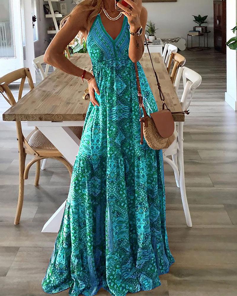 

All Over Print Sleeveless Maxi Dress, Blue
