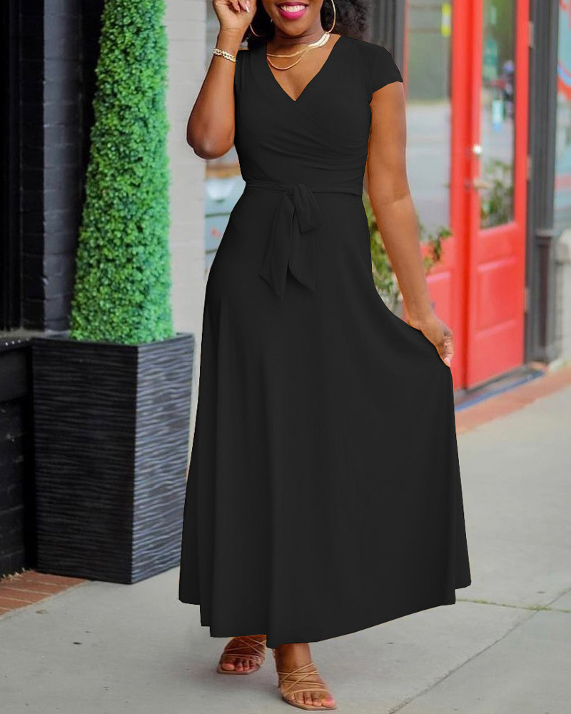 

Short Sleeve Surplice Neck Belted Maxi Dress, Black