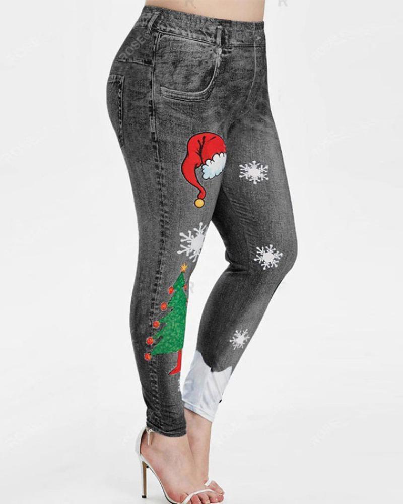 

Christmas Denim Look Print Leggings, Gray