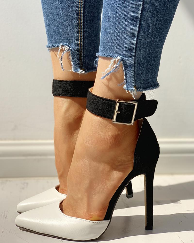 

Pointed Toe Ankle Strap Thin Heels, White
