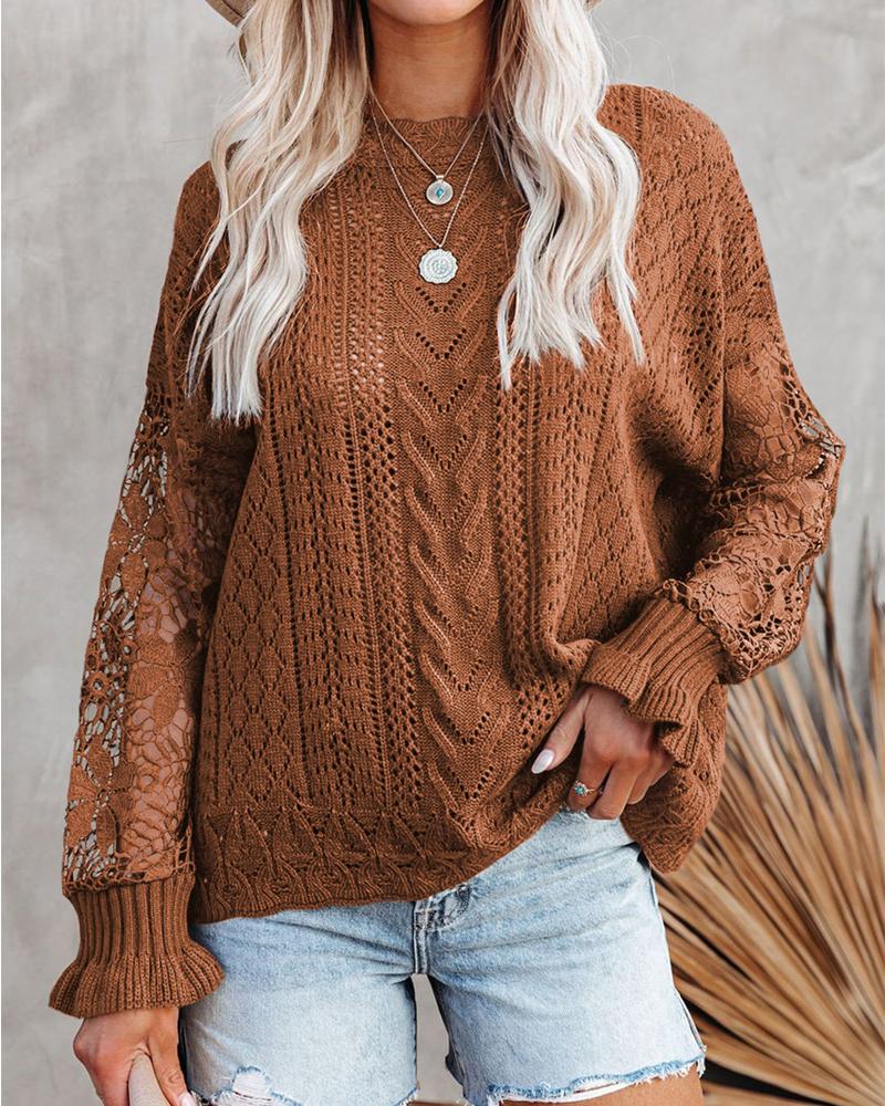 

Contrast Lace Long Sleeve Pointelle Knit Sweater, Brown