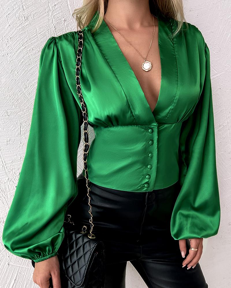 

Button Front Puff Lantern Sleeve Top, Green