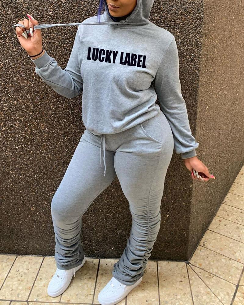 

Letter Print Drawstring Hoodie & Stacked Pants Set, Gray