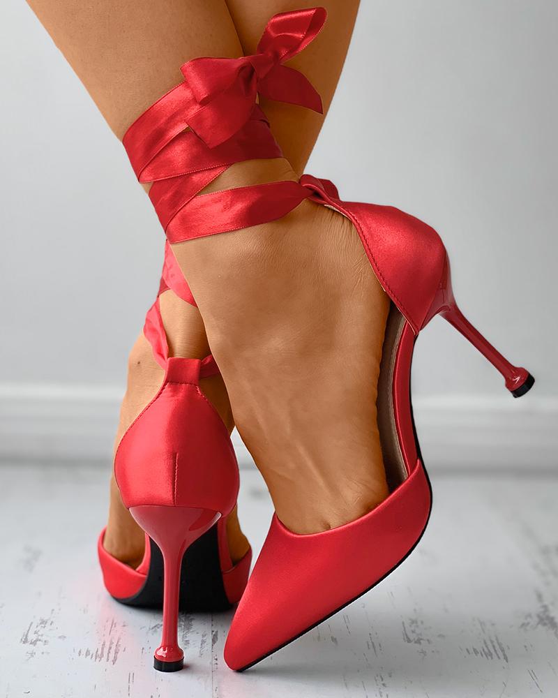 

Ribbon Strappy Pointed Toe Satin Stiletto Heels, Red