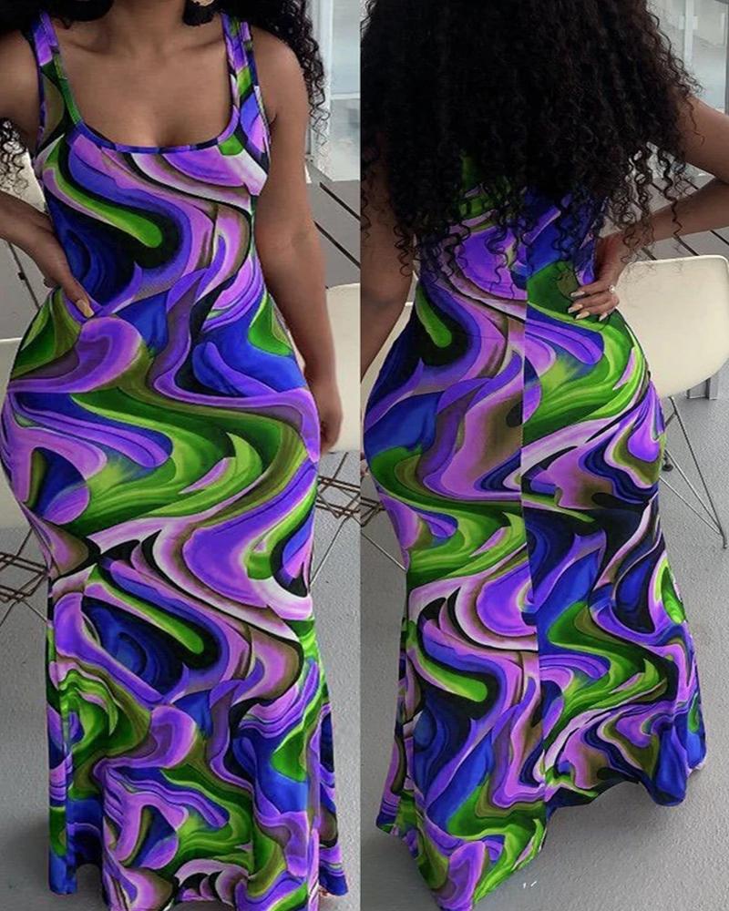 

Abstract Print Thick Strap Maxi Dress, Purple