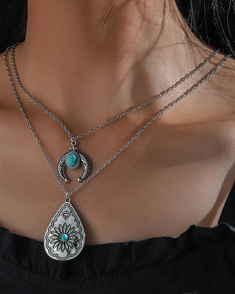 

1pcs Vintage Multi-layer Turquoise Moon Teardrop Pendant Necklace, Silver