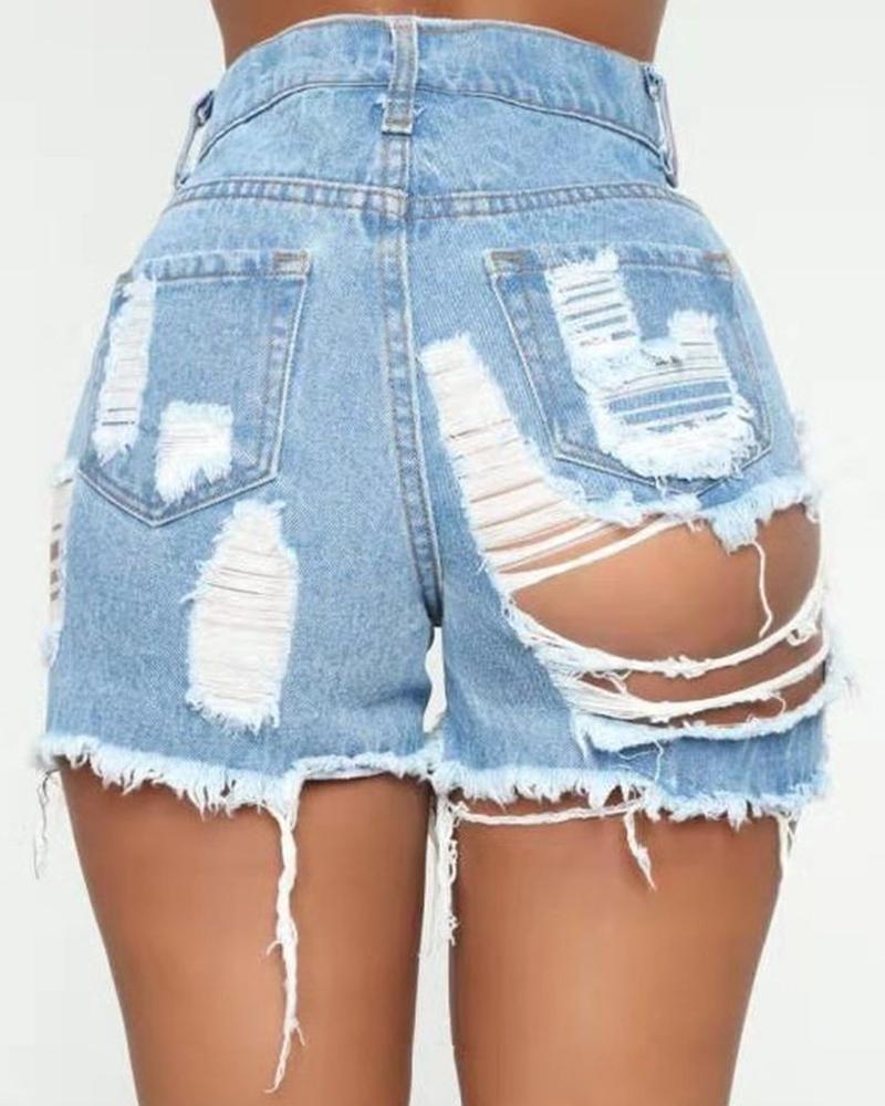 Ripped Cutout High Waisted Fringe Hem Denim Shorts