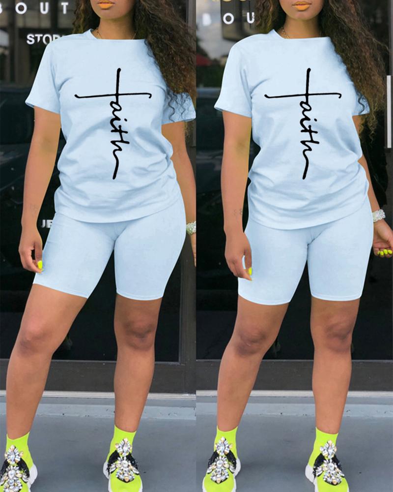 

Letter Print Casual Top & Shorts Set, Lighted blue