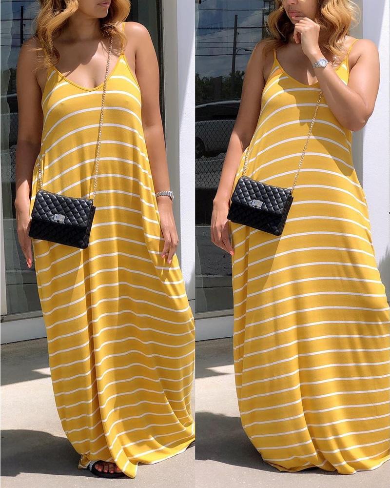 

Striped Deep V-Neck Pocket Design Maxi Dress, Yellow