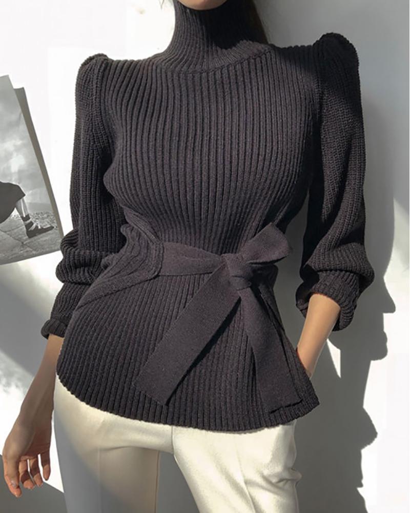 

High Neck Puff Sleeve Tied Detail Sweater, Black